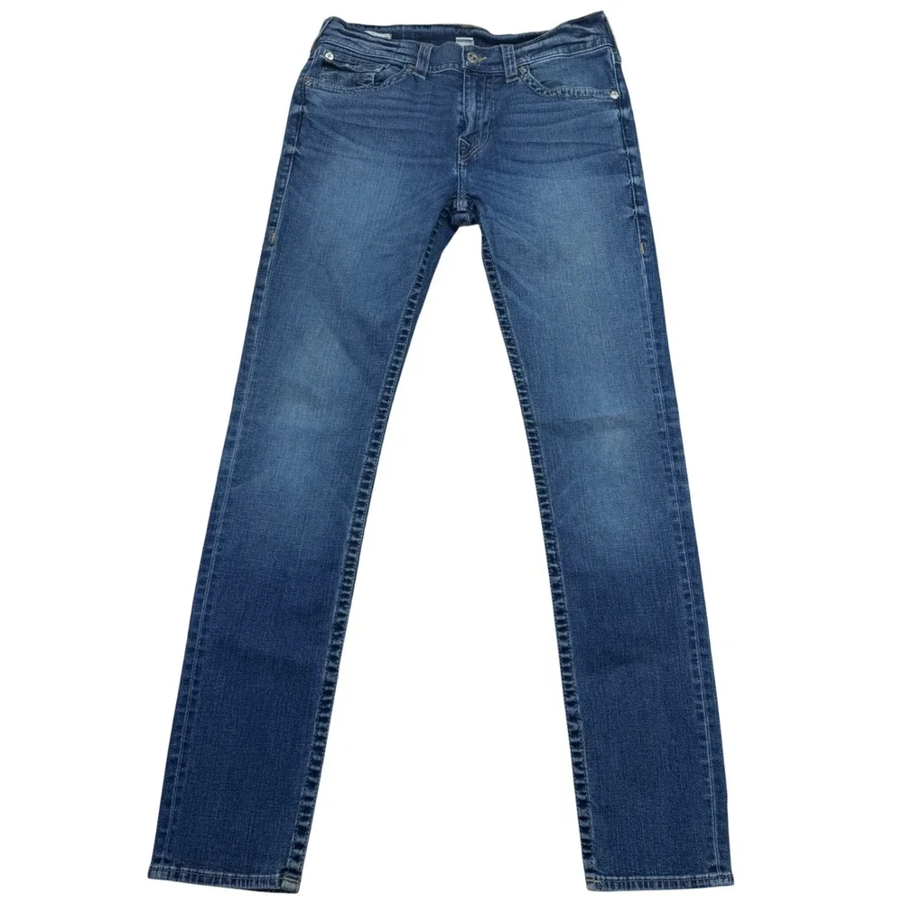 True Religion Rocco Jeans 33x34 Blue Relaxed Skinny Wave Runner Denim Flaps
